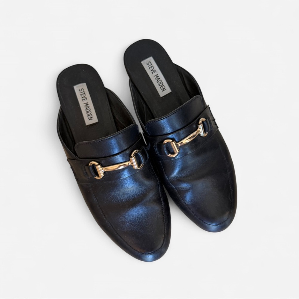 Steve Madden Black Mules with Gold Accent